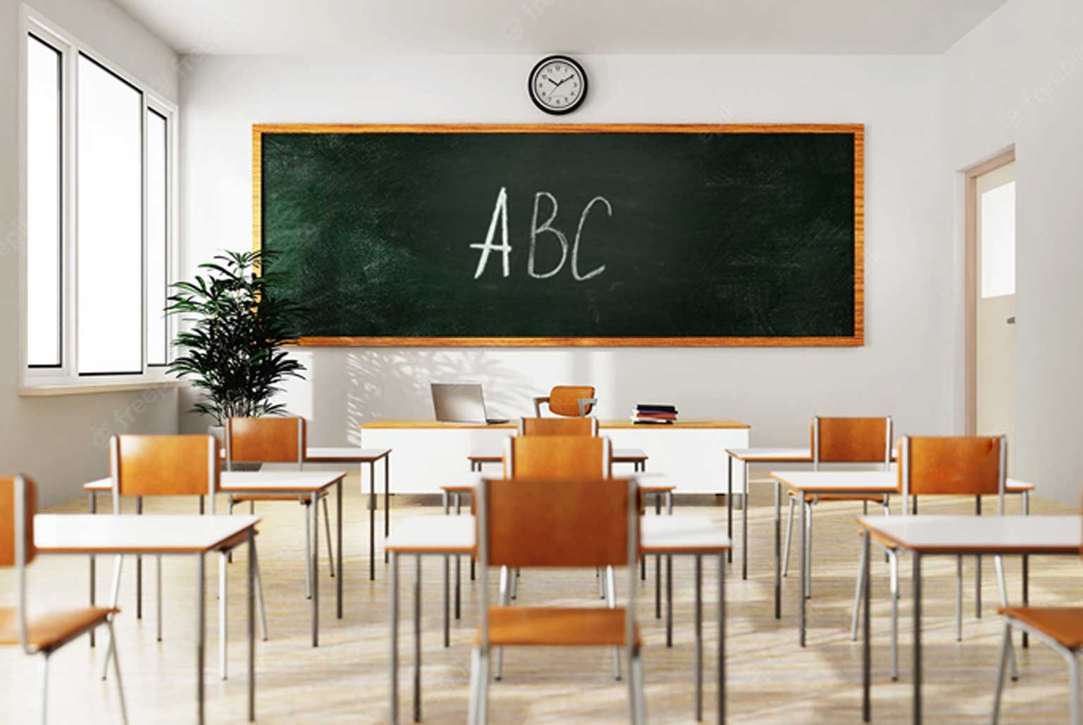 Slider showing scale of progressive myopia with normal classroom image